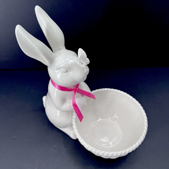 Williams Sonoma Ceramic Bunny Rabbit with Basket and Butterfly Candy Dish - Picture 3 of 8